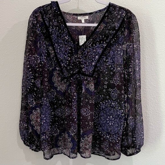 Maurices Dark Ruffle Semi Sheer Blouse Boho Western Feminine Puff Sleeve - Picture 1 of 7